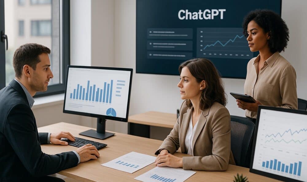 Equipo financiero utilizando ChatGPT y herramientas digitales para optimizar la gestión económica en la empresa.
