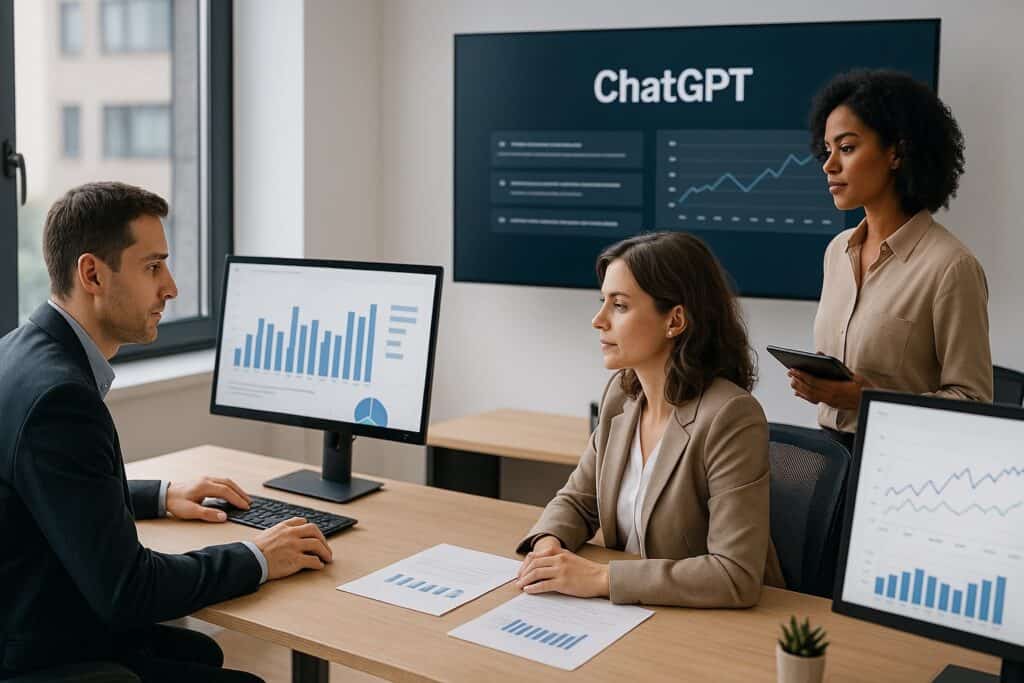 Equipo financiero utilizando ChatGPT y herramientas digitales para optimizar la gestión económica en la empresa.